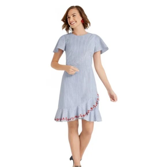 Draper James Embroidered Faux Wrap Dress Blue Stripe 4 - Picture 3 of 16